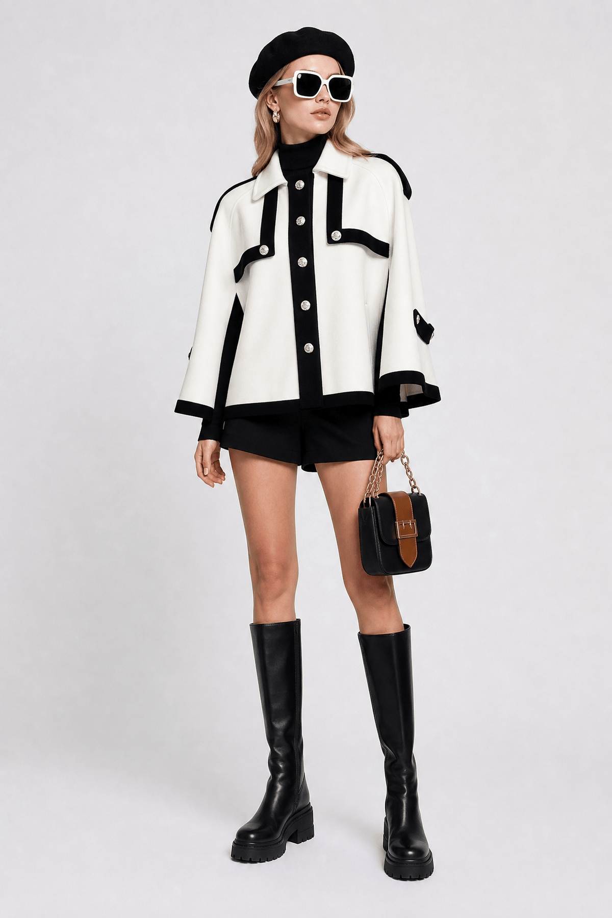 Manteau cape écru galonné de noir, fermé par des boutons dorés, avec manches cape