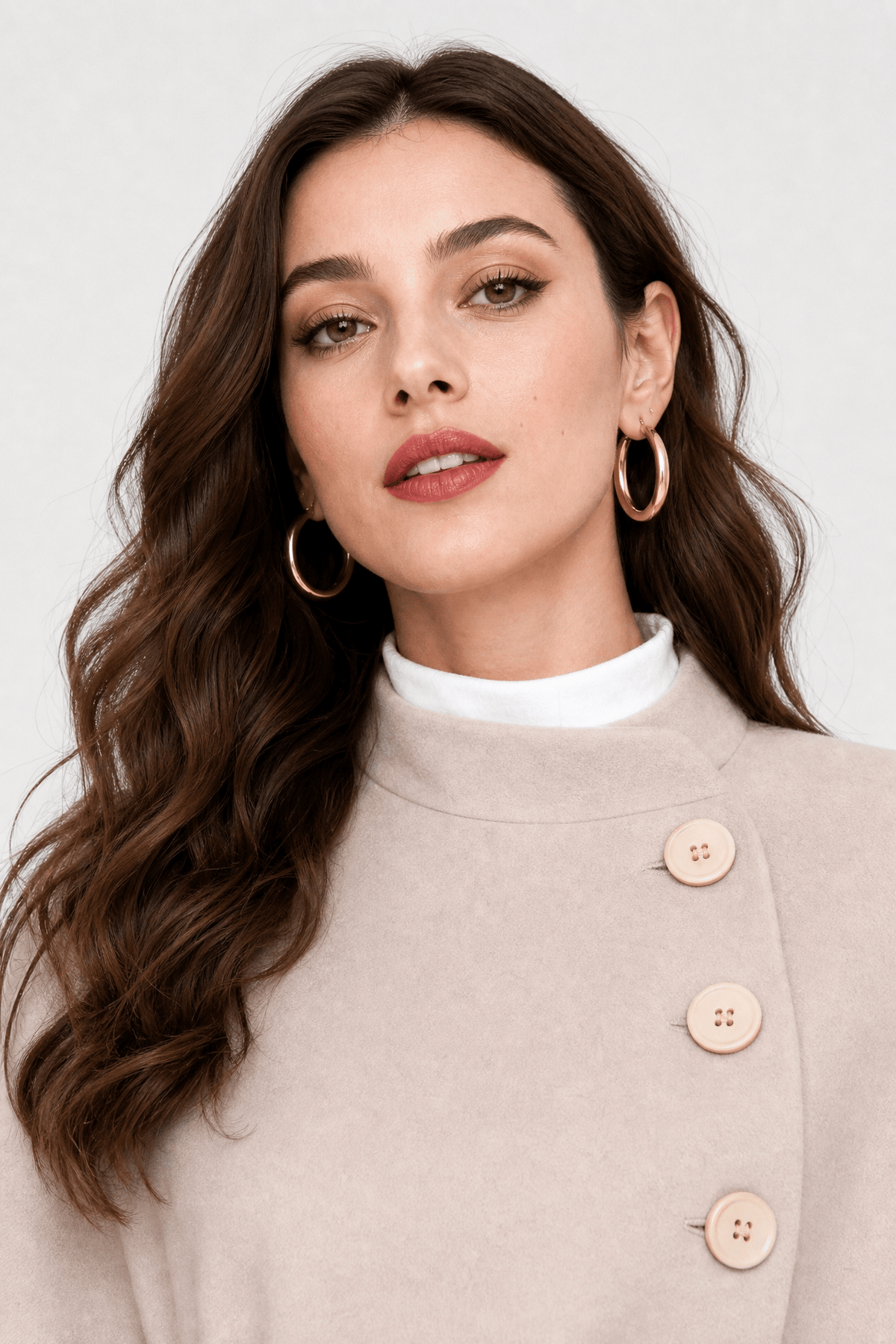 Cape manteau greige rosé à l'aspect suédine, boutonnée en biais et ceinturée à la taille