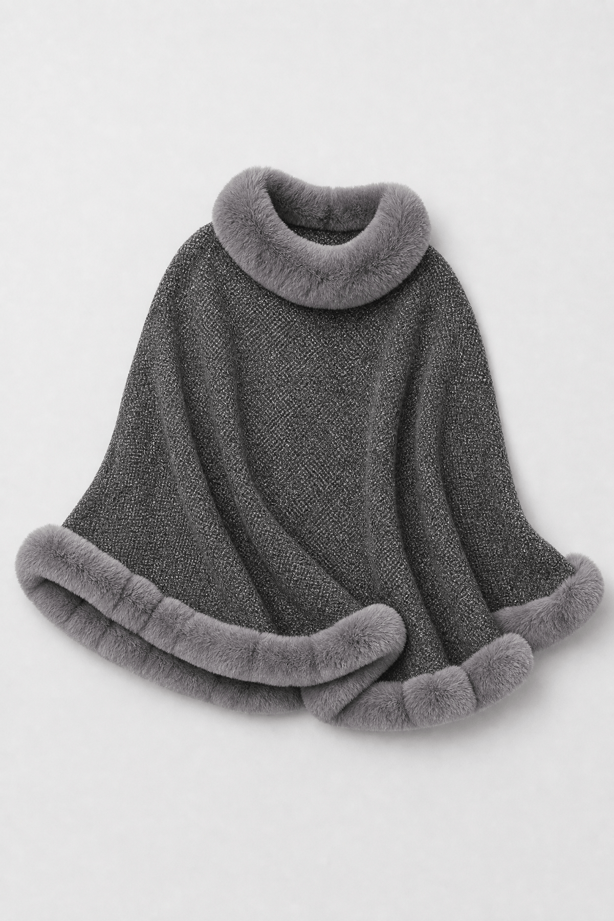 Cape Femme Col Fourrure Grise