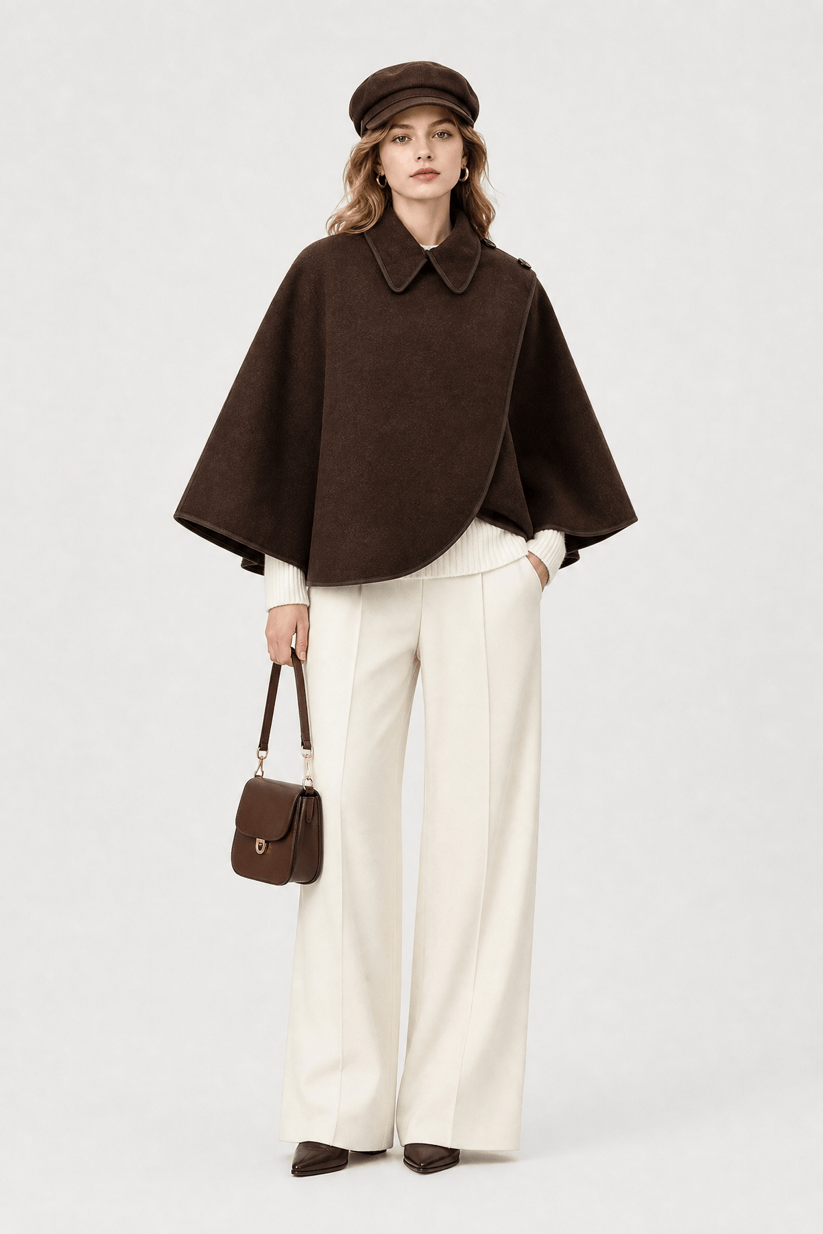 Veste Cape Femme Marron en Laine