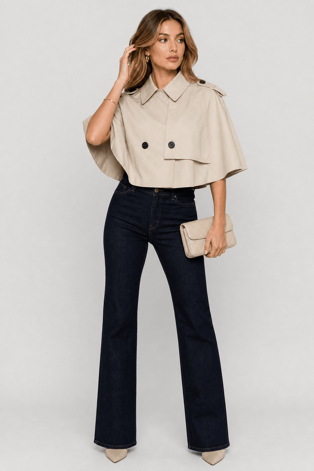 Veste Cape Femme Beige Courte