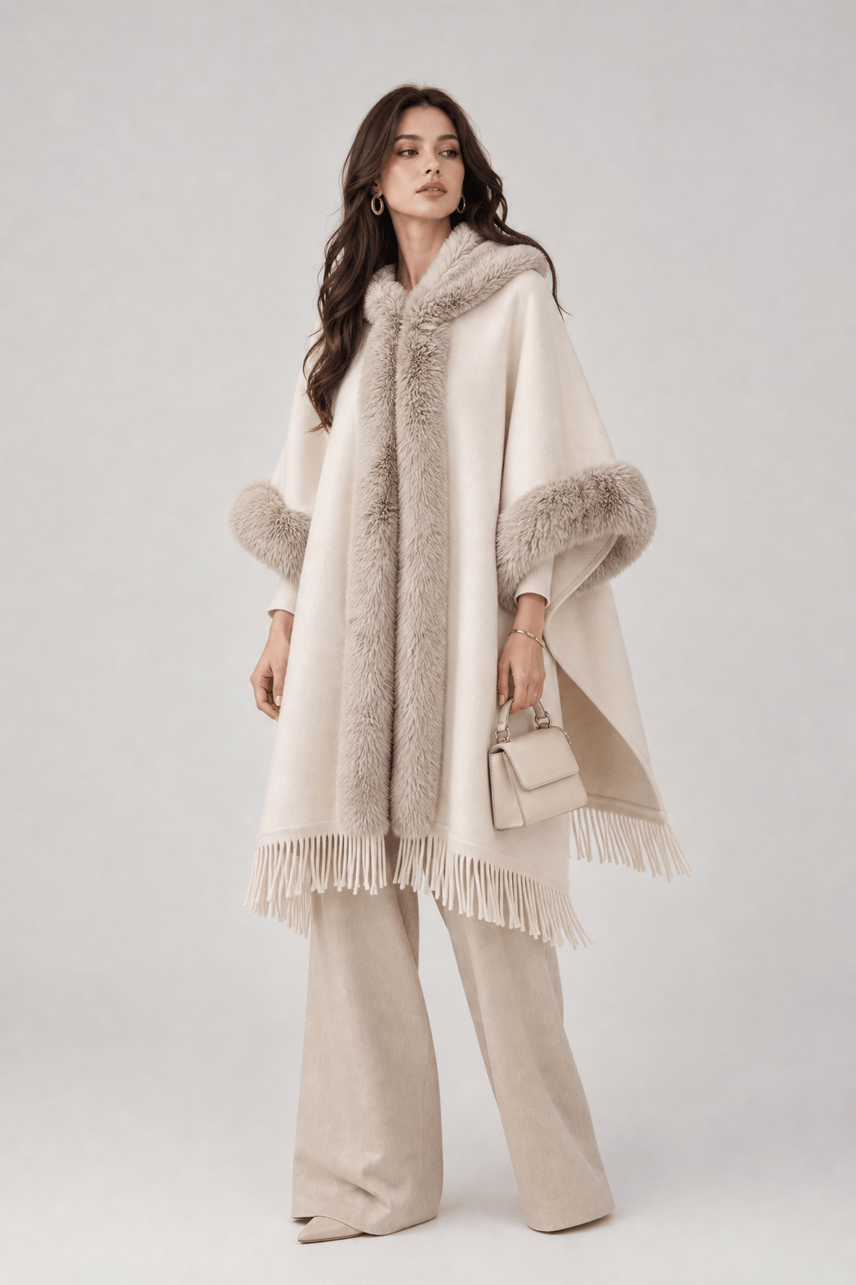 Cape Femme Capuche Fourrure Beige