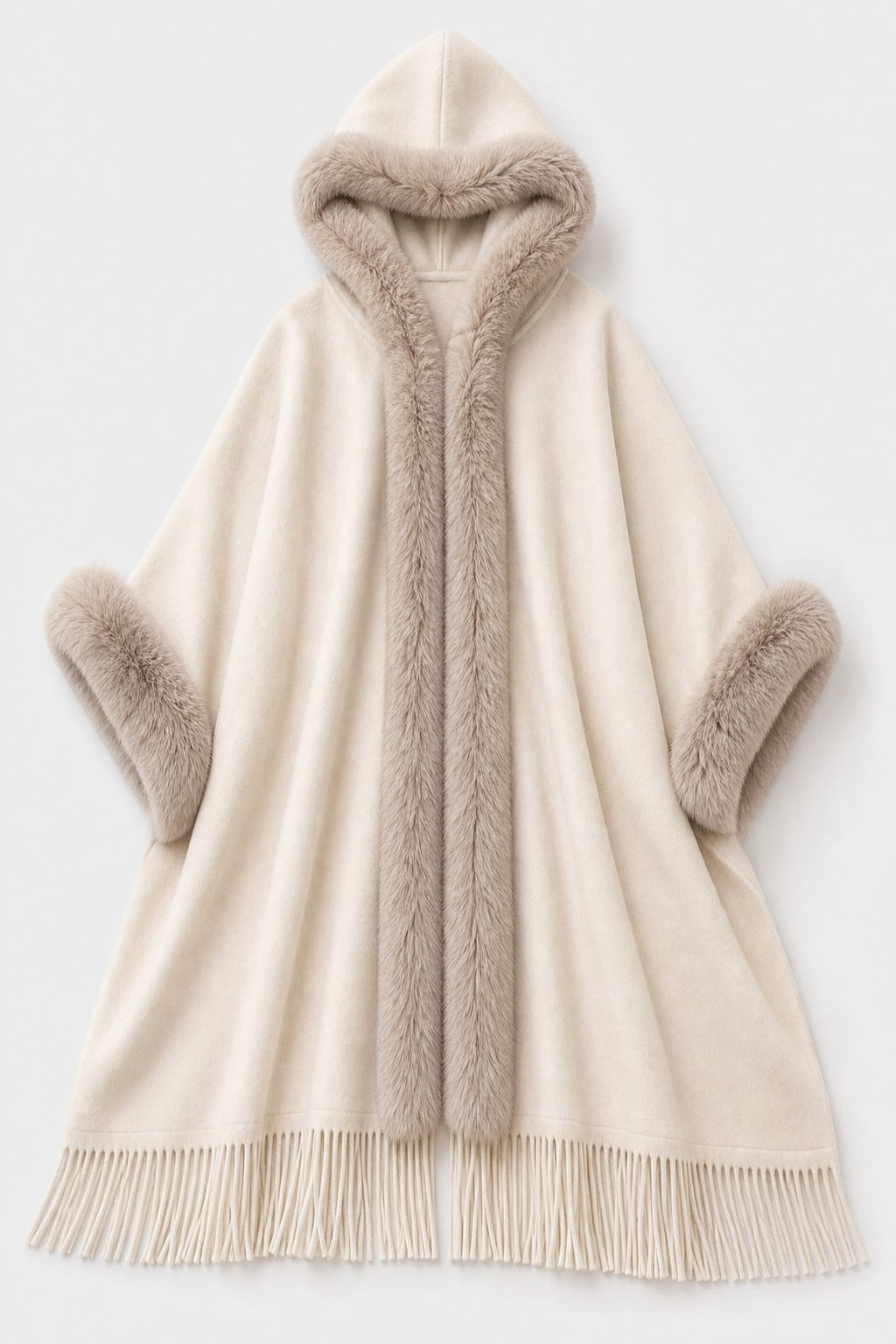 Cape Femme Capuche Fourrure Beige
