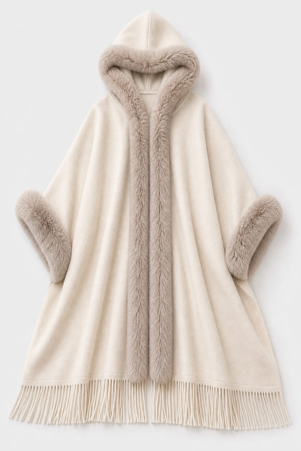 Cape Femme Capuche Fourrure Beige